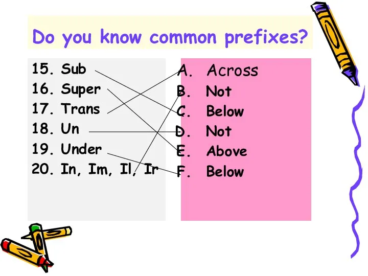 Do you know common prefixes? 15. Sub 16. Super 17. Trans