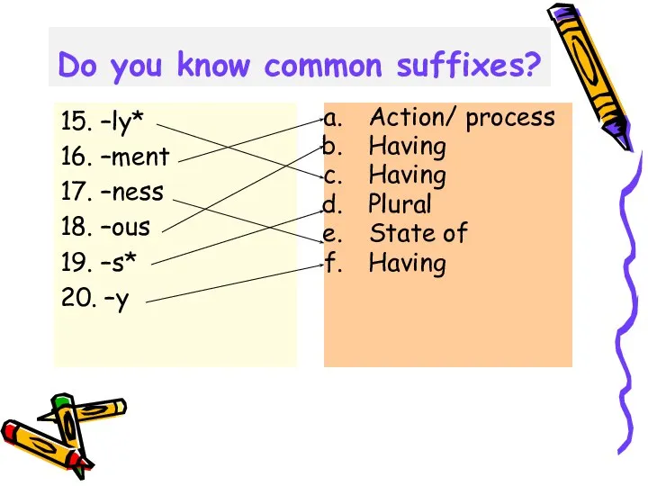 Do you know common suffixes? 15. –ly* 16. –ment 17. –ness