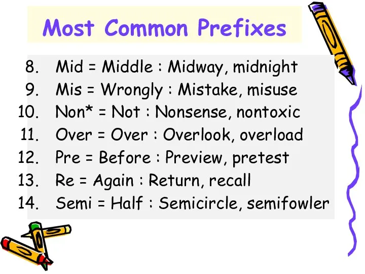 Most Common Prefixes Mid = Middle : Midway, midnight Mis =