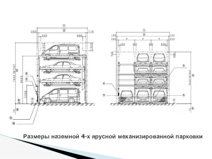 Размеры наземной 4-х ярусной механизированной парковки