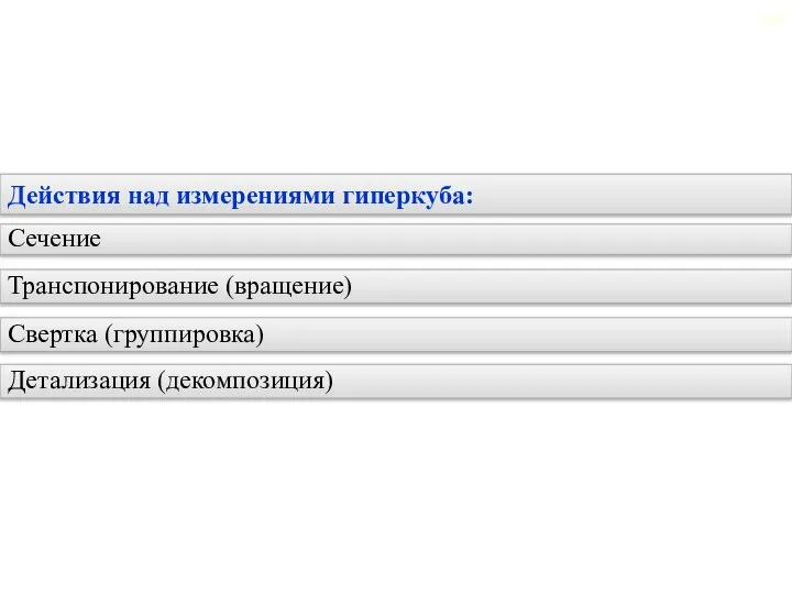 2.6. Многомерные хранилища данных Действия над измерениями гиперкуба: Сечение Транспонирование (вращение) Свертка (группировка) Детализация (декомпозиция)