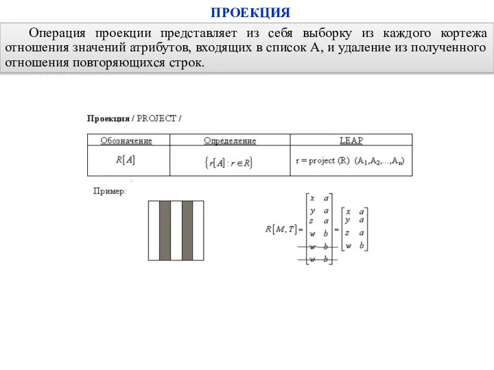 Операция проекции представляет из себя выборку из каждого кортежа отношения значений