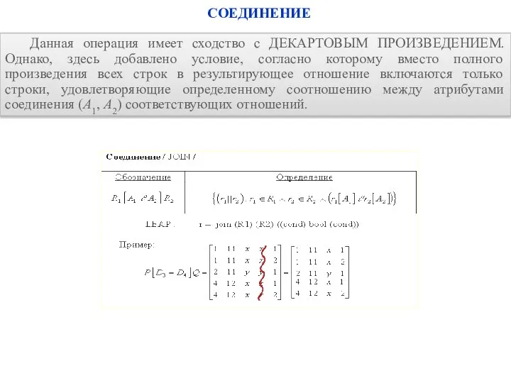 СОЕДИНЕНИЕ Данная операция имеет сходство с ДЕКАРТОВЫМ ПРОИЗВЕДЕНИЕМ. Однако, здесь добавлено