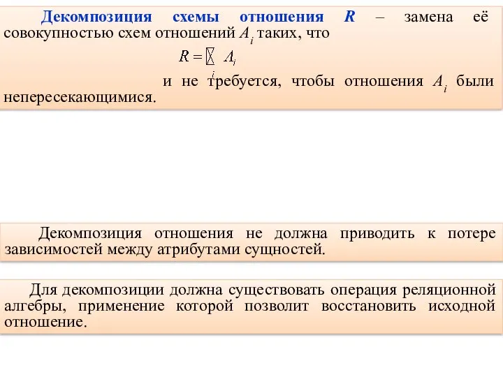 Декомпозиция отношения не должна приводить к потере зависимостей между атрибутами сущностей.