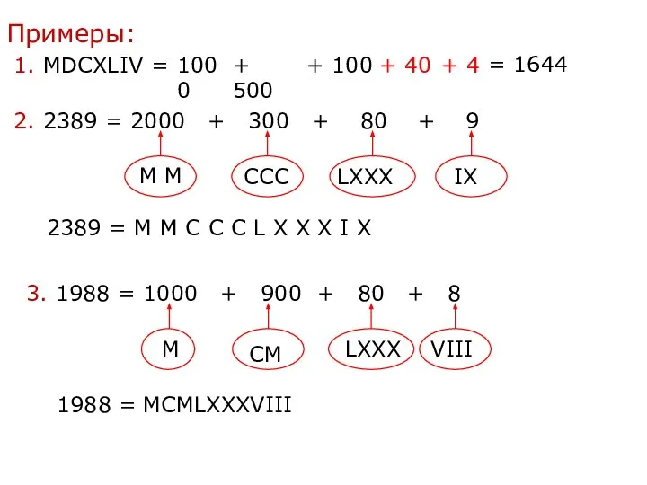 Примеры: 1. MDCXLIV = 1000 + 500 + 100 + 40