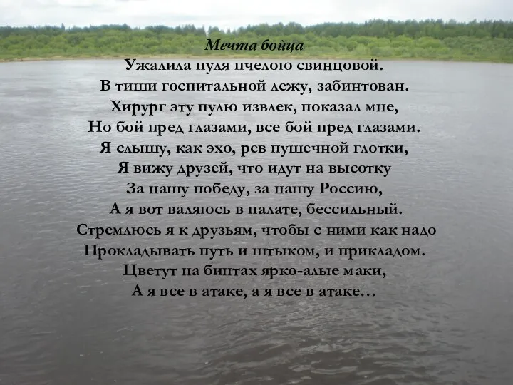 Мечта бойца Ужалила пуля пчелою свинцовой. В тиши госпитальной лежу, забинтован.