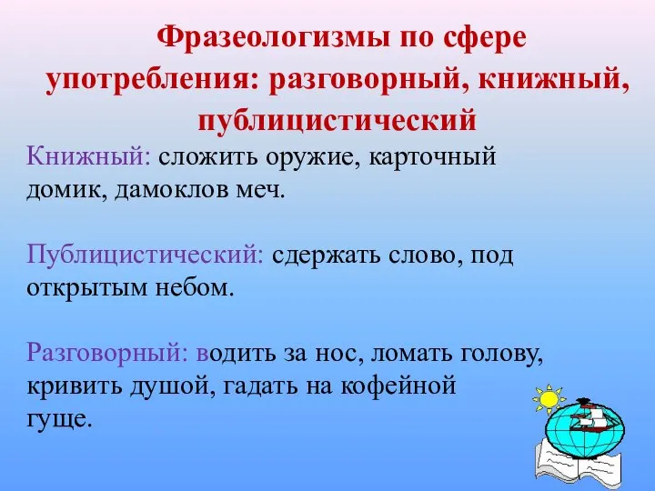 Фразеологизмы по сфере употребления: разговорный, книжный, публицистический Книжный: сложить оружие, карточный