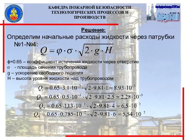 КАФЕДРА ПОЖАРНОЙ БЕЗОПАСНОСТИ ТЕХНОЛОГИЧЕСКИХ ПРОЦЕССОВ И ПРОИЗВОДСТВ Решение: Определим начальные расходы