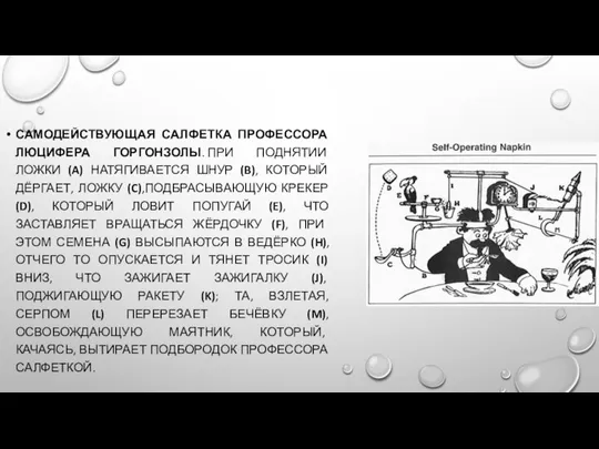 САМОДЕЙСТВУЮЩАЯ САЛФЕТКА ПРОФЕССОРА ЛЮЦИФЕРА ГОРГОНЗОЛЫ. ПРИ ПОДНЯТИИ ЛОЖКИ (A) НАТЯГИВАЕТСЯ ШНУР