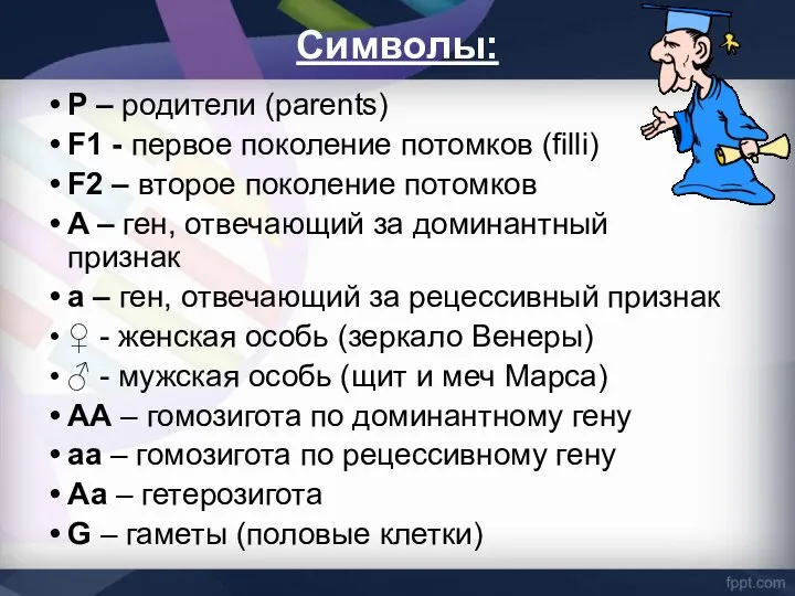 Символы: P – родители (parents) F1 - первое поколение потомков (filli)