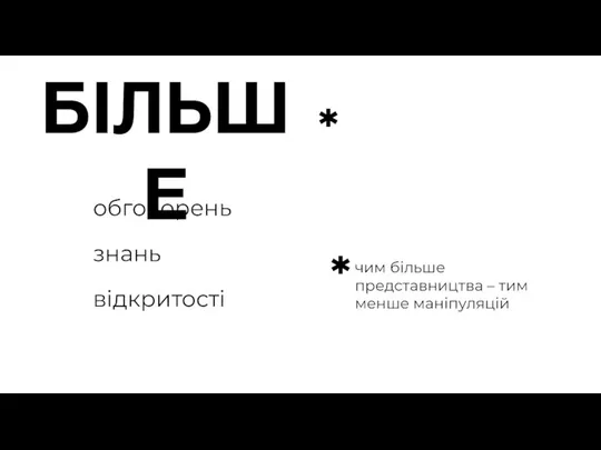 обговорень знань відкритості БІЛЬШЕ чим більше представництва – тим менше маніпуляцій * *