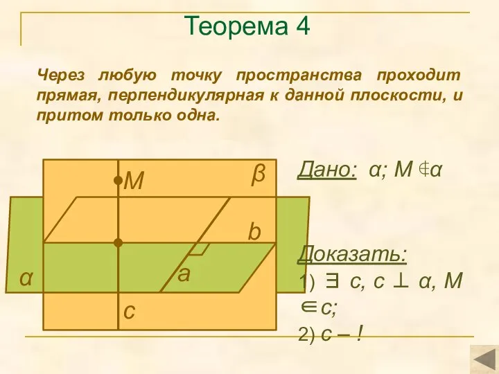 Теорема 4 Через любую точку пространства проходит прямая, перпендикулярная к данной