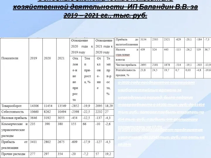 Основные экономические показатели хозяйственной деятельности ИП Баландин В.В. за 2019 –