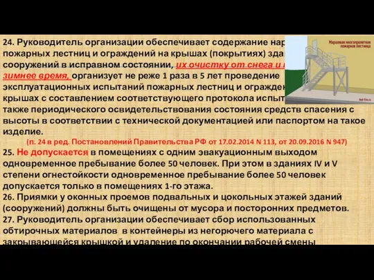 24. Руководитель организации обеспечивает содержание наружных пожарных лестниц и ограждений на