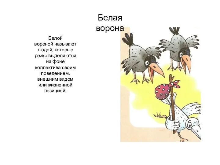 Белая ворона Белой вороной называют людей, которые резко выделяются на фоне