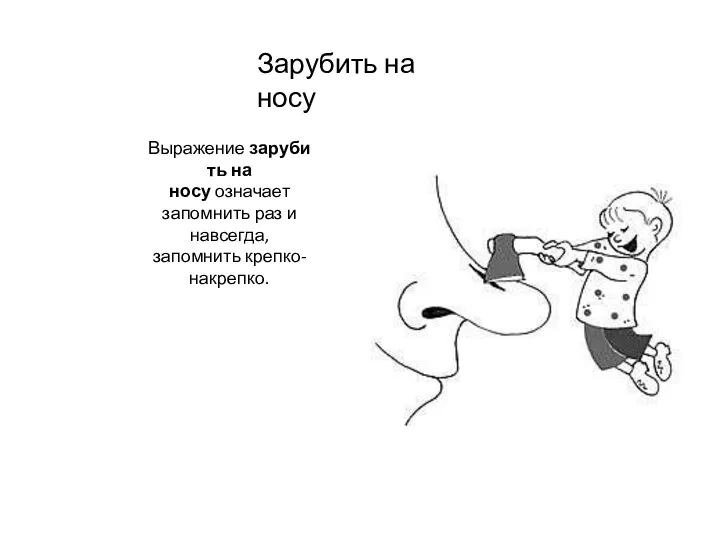 Зарубить на носу Выражение зарубить на носу означает запомнить раз и навсегда, запомнить крепко-накрепко.