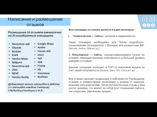 Размещение 50 отзывов ежемесячно на 20 подобранных площадках: Novostroy-spb Otzovik Restate