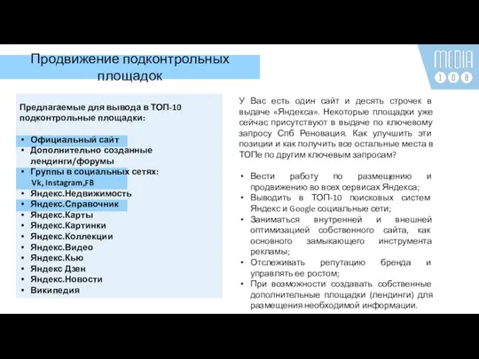 Продвижение подконтрольных площадок Предлагаемые для вывода в ТОП-10 подконтрольные площадки: Официальный