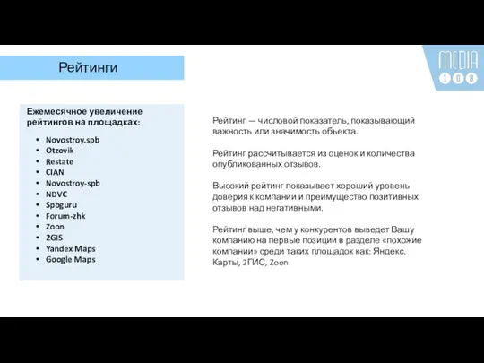 Рейтинги Ежемесячное увеличение рейтингов на площадках: Novostroy.spb Otzovik Restate CIAN Novostroy-spb