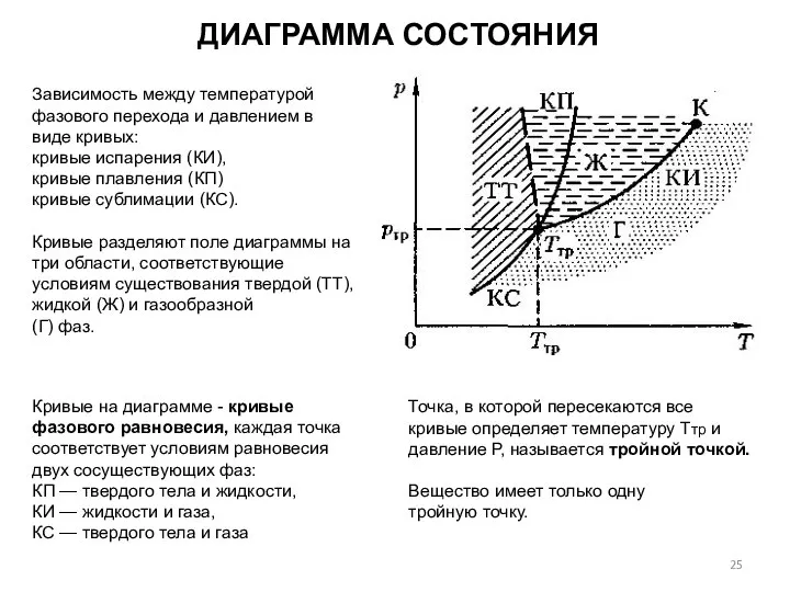 Зависимость между температурой фазового перехода и давлением в виде кривых: кривые