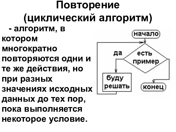 Повторение (циклический алгоритм) - алгоритм, в котором многократно повторяются одни и