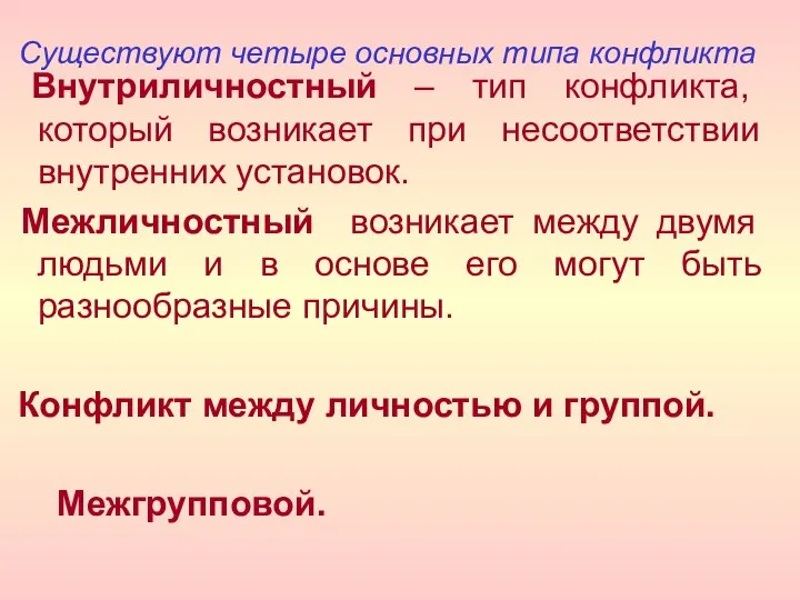 Существуют четыре основных типа конфликта Внутриличностный – тип конфликта, который возникает