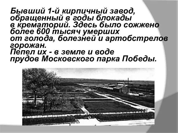 Бывший 1-й кирпичный завод, обращенный в годы блокады в крематорий. Здесь