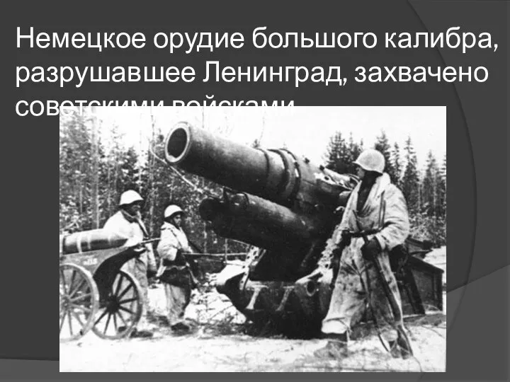 Немецкое орудие большого калибра, разрушавшее Ленинград, захвачено советскими войсками