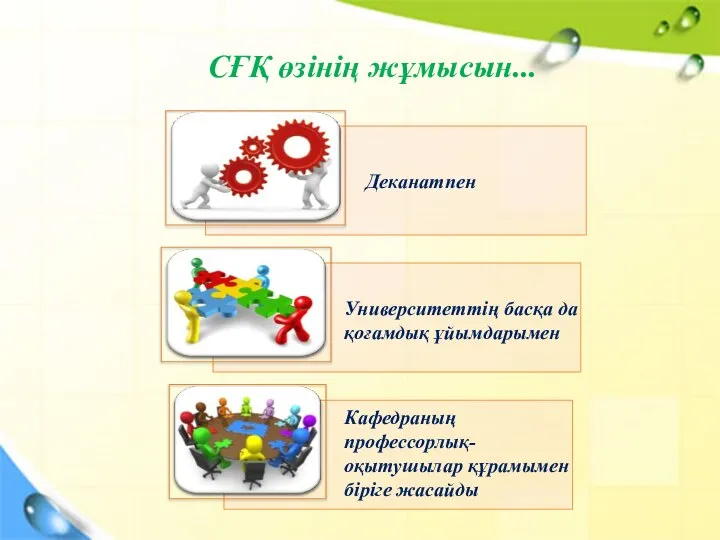 Деканатпен Университеттің басқа да қоғамдық ұйымдарымен Кафедраның профессорлық- оқытушылар құрамымен біріге жасайды СҒҚ өзінің жұмысын...