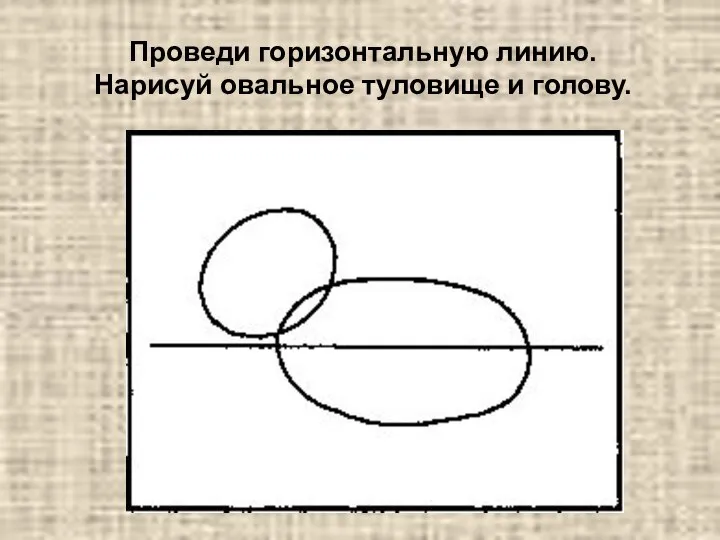 Проведи горизонтальную линию. Нарисуй овальное туловище и голову.