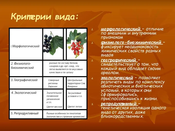 Критерии вида: морфологический – отличие по внешним и внутренним признакам физиолого-биохимический