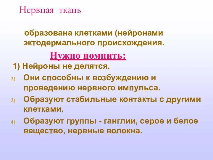 Нервная ткань образована клетками (нейронами эктодермального происхождения. 1) Нейроны не делятся.