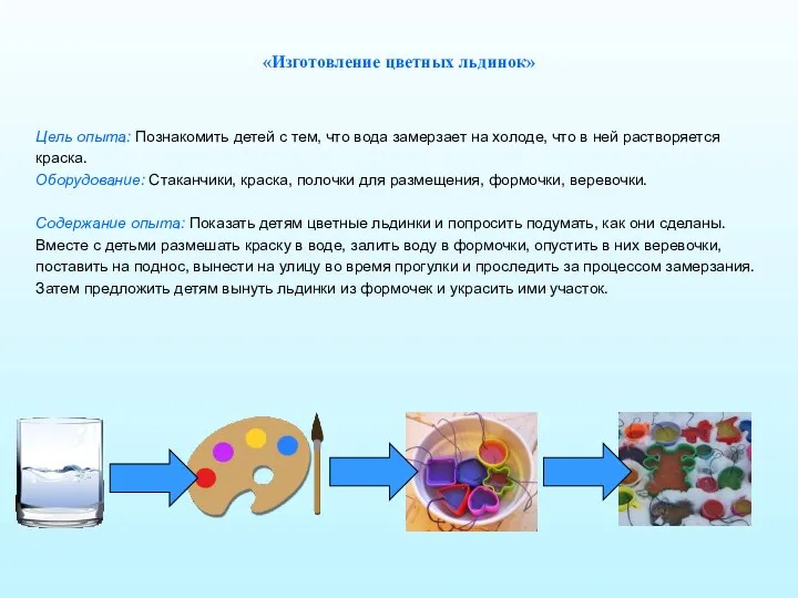 «Изготовление цветных льдинок» Цель опыта: Познакомить детей с тем, что вода