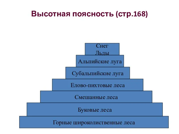 Высотная поясность (стр.168) Горные широколиственные леса Буковые леса Смешанные леса Елово-пихтовые