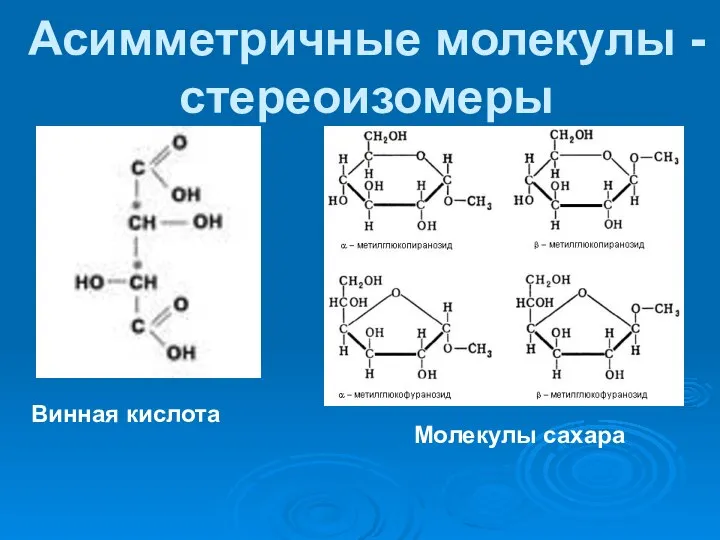 Асимметричные молекулы - стереоизомеры Винная кислота Молекулы сахара