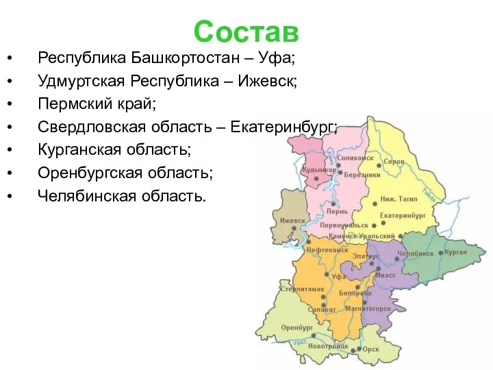 Состав Республика Башкортостан – Уфа; Удмуртская Республика – Ижевск; Пермский край;