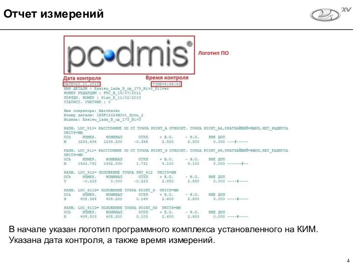 Отчет измерений В начале указан логотип программного комплекса установленного на КИМ.