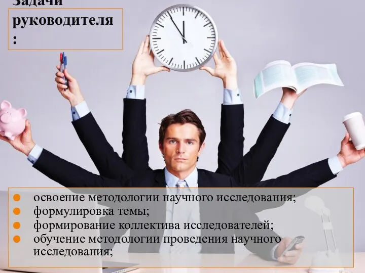 Задачи руководителя: освоение методологии научного исследования; формулировка темы; формирование коллектива исследователей; обучение методологии проведения научного исследования;