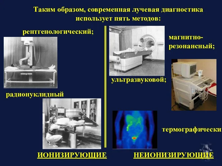 Таким образом, современная лучевая диагностика использует пять методов: рентгенологический; радионуклидный термографический; магнитно- резонансный; ультразвуковой; ИОНИЗИРУЮЩИЕ НЕИОНИЗИРУЮЩИЕ