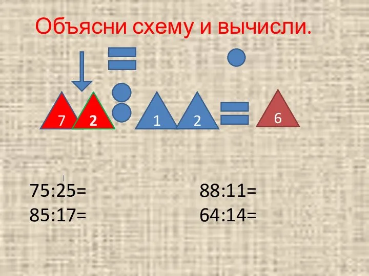 Объясни схему и вычисли. 7 2 1 2 6 75:25= 85:17= 88:11= 64:14=