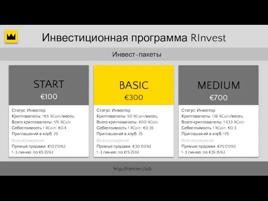 BASIC Инвест-пакеты START €100 http://rantier.club €300 MEDIUM €700 Статус: Инвестор Прямые