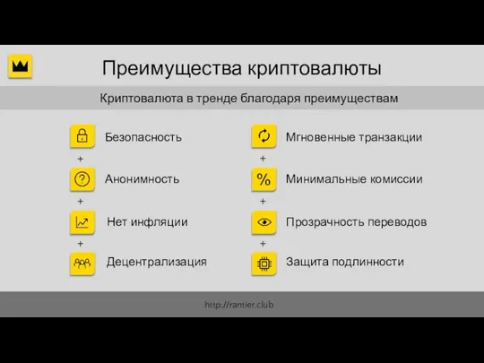 Преимущества криптовалюты Минимальные комиссии Мгновенные транзакции Децентрализация Безопасность Анонимность Нет инфляции