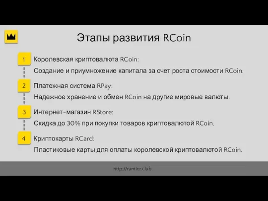 Этапы развития RCoin Королевская криптовалюта RCoin: 1 Создание и приумножение капитала