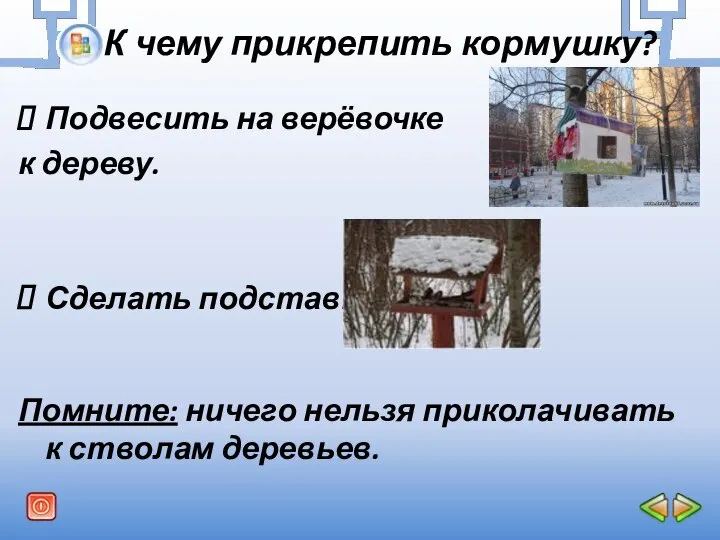 К чему прикрепить кормушку? Подвесить на верёвочке к дереву. Сделать подставку.