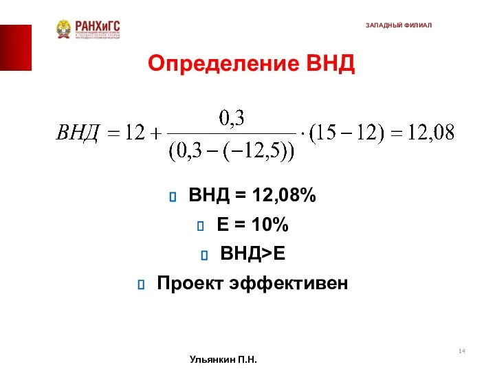 Определение ВНД ВНД = 12,08% E = 10% ВНД>E Проект эффективен Ульянкин П.Н. ЗАПАДНЫЙ ФИЛИАЛ