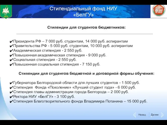 Стипендиальный фонд НИУ «БелГУ» Стипендии для студентов бюджетников: Президента РФ –