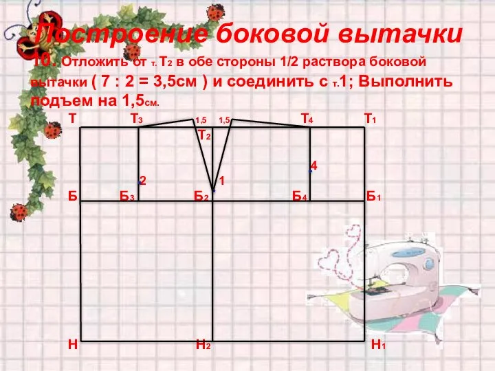 Построение боковой вытачки 10. Отложить от т. Т2 в обе стороны