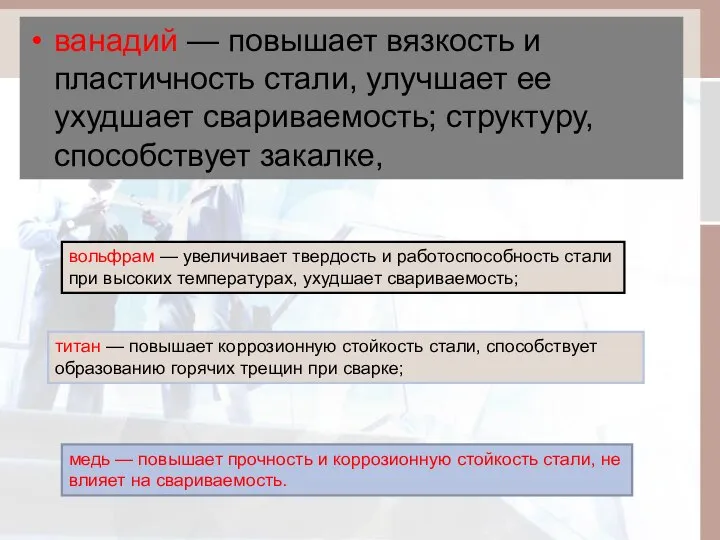 ванадий — повышает вязкость и пластичность стали, улучшает ее ухудшает свариваемость;