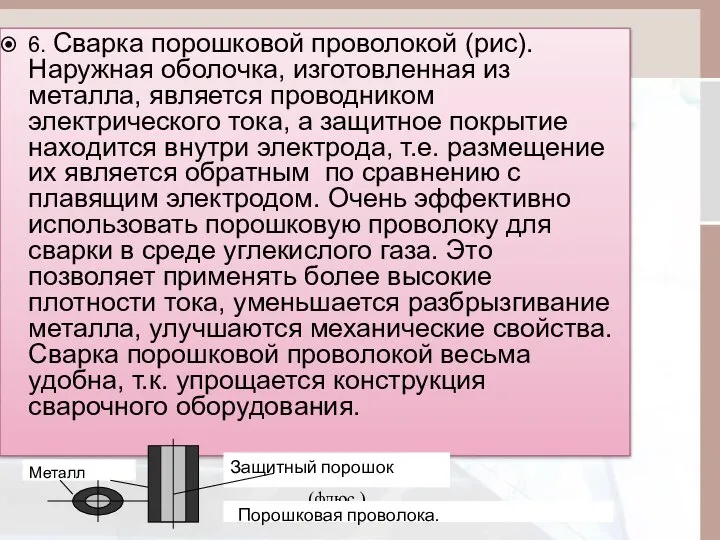 6. Сварка порошковой проволокой (рис). Наружная оболочка, изготовленная из металла, является