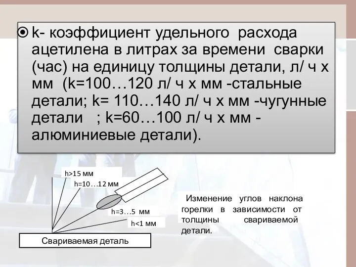 k- коэффициент удельного расхода ацетилена в литрах за времени сварки (час)